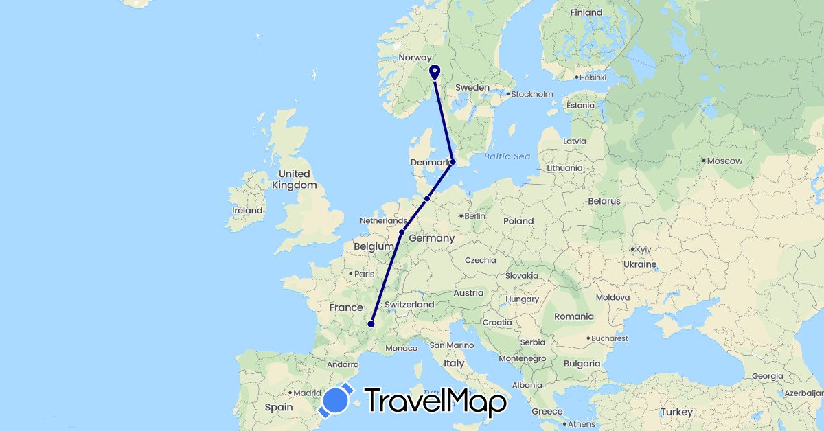 TravelMap itinerary: driving in Germany, Denmark, France, Norway (Europe)